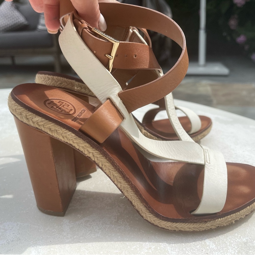Tory Burch Marbella Brown/Ivory Leather Ankle Strap Espadrille Sandal - Picture 10 of 12
